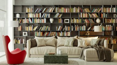 Büyük lüks, modern, parlak iç mekan. Oturma odası tasviri 3D canlandırma.