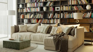 Büyük lüks, modern, parlak iç mekan. Oturma odası tasviri 3D canlandırma.