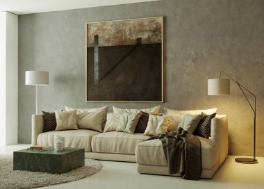 Büyük lüks, modern, parlak iç mekan. Oturma odası tasviri 3D canlandırma.