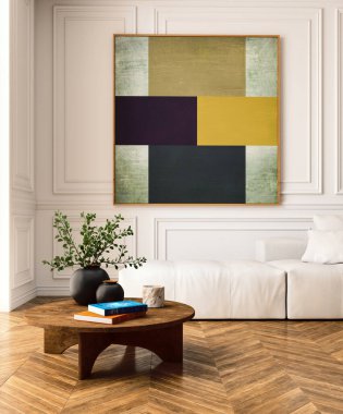 Büyük lüks, modern, parlak iç mekan. Oturma odası tasviri 3D canlandırma.