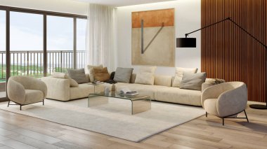 Büyük lüks, modern, parlak iç mekan. Oturma odası tasviri 3D canlandırma.