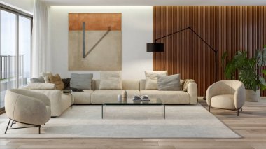 Büyük lüks, modern, parlak iç mekan. Oturma odası tasviri 3D canlandırma.