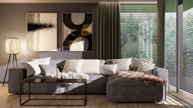 Büyük lüks, modern, parlak iç mekan. Oturma odası tasviri 3D canlandırma.