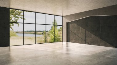 Büyük lüks, modern, parlak iç mekan. Oturma odası tasviri 3D canlandırma.