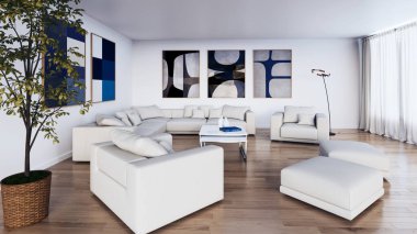 Büyük lüks, modern, parlak iç mekan. Oturma odası tasviri 3D canlandırma.