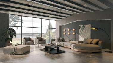 Büyük lüks, modern, parlak iç mekan. Oturma odası tasviri 3D canlandırma.