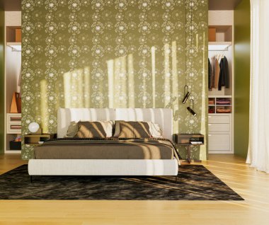 Büyük lüks, modern, parlak yatak odası 3 boyutlu resimleme.