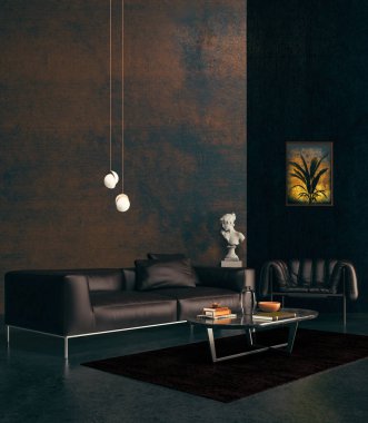 Büyük lüks, modern, parlak iç mekan. Oturma odası tasviri 3D canlandırma.