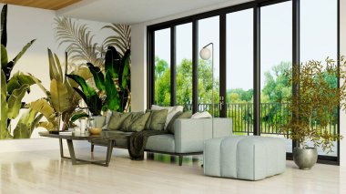 Büyük lüks, modern, parlak iç mekan. Oturma odası tasviri 3D canlandırma.