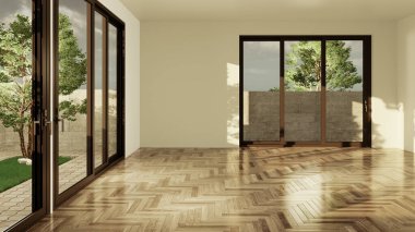 Büyük lüks, modern, parlak iç mekan. Oturma odası tasviri 3D canlandırma.