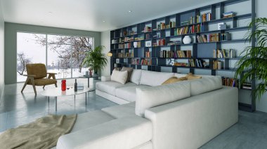 Büyük lüks, modern, parlak iç mekanlar. Oturma odası tasviri 3D görüntü vahşeti.