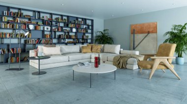 Büyük lüks, modern, parlak iç mekanlar. Oturma odası tasviri 3D görüntü vahşeti.