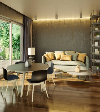 Büyük lüks, modern, parlak iç mekanlar. Oturma odası tasviri 3D görüntü vahşeti.