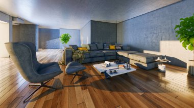 Büyük lüks, modern, parlak iç mekanlar. Oturma odası tasviri 3D görüntü vahşeti.