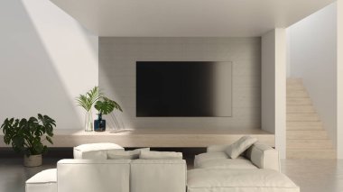 Büyük lüks, modern, parlak iç mekan. Oturma odası tasviri 3D canlandırma.