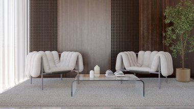 Büyük lüks, modern, parlak iç mekan. Oturma odası tasviri 3D canlandırma.