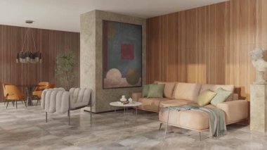 3D video görüntüleme modern modern tasarım. Evin içinde şık bir video klibi var.