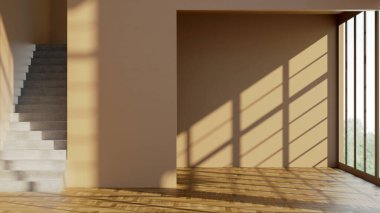 Büyük lüks, modern, parlak iç mekan 3D tasviri.