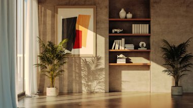 Büyük lüks, modern, parlak iç mekan 3D tasviri.