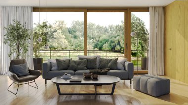 Büyük lüks, modern, parlak iç mekan 3D tasviri.