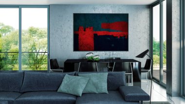 Büyük lüks, modern, parlak iç mekan 3D tasviri.