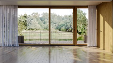 Büyük lüks, modern, parlak iç mekan 3D tasviri.