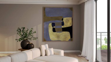 Büyük lüks, modern, parlak iç mekan 3D tasviri.