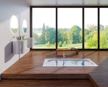 Büyük lüks, modern, parlak iç mekan 3D tasviri.