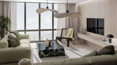 Büyük lüks, modern, parlak iç mekan. Oturma odası tasviri 3D canlandırma.