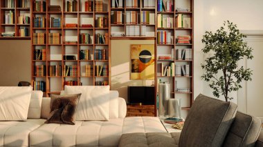 Büyük lüks, modern, parlak iç mekan. Oturma odası tasviri 3D canlandırma.