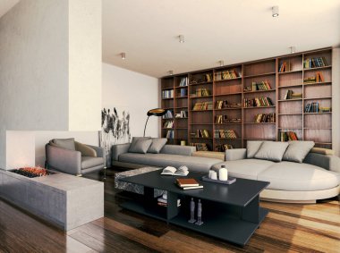 Büyük lüks, modern, parlak iç mekan. Oturma odası tasviri 3D canlandırma.