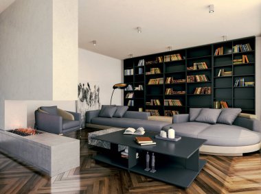 Büyük lüks, modern, parlak iç mekan. Oturma odası tasviri 3D canlandırma.