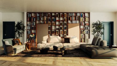 Büyük lüks, modern, parlak iç mekan. Oturma odası tasviri 3D canlandırma.