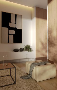 Büyük lüks, modern, parlak iç mekan. Oturma odası tasviri 3D canlandırma.