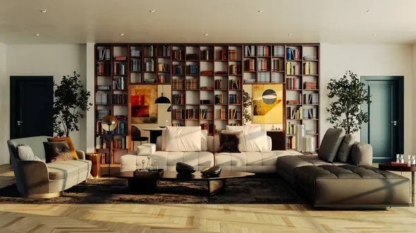 Büyük lüks, modern, parlak iç mekan. Oturma odası tasviri 3D canlandırma.