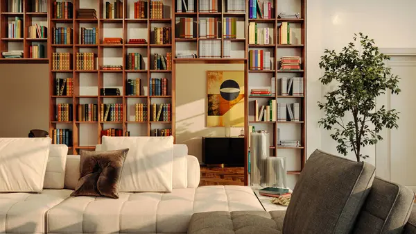 Büyük lüks, modern, parlak iç mekan. Oturma odası tasviri 3D canlandırma.