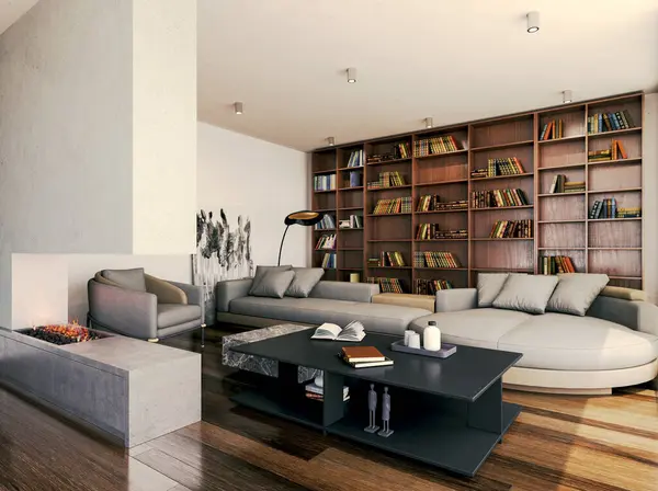 Büyük lüks, modern, parlak iç mekan. Oturma odası tasviri 3D canlandırma.