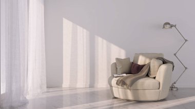 Büyük lüks, modern, parlak iç mekan. Oturma odası tasviri 3D canlandırma.