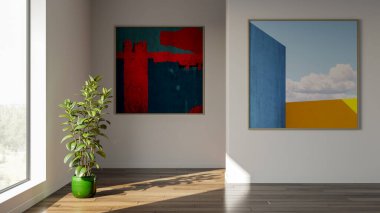 Büyük lüks, modern, parlak iç mekan. Oturma odası tasviri 3D canlandırma.