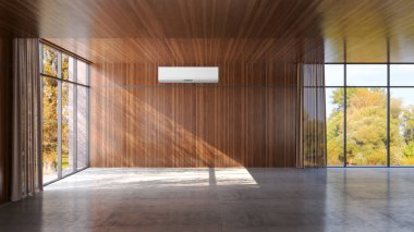 Büyük lüks, modern, aydınlık iç mekan. Klima modelleme çizimi 3D.