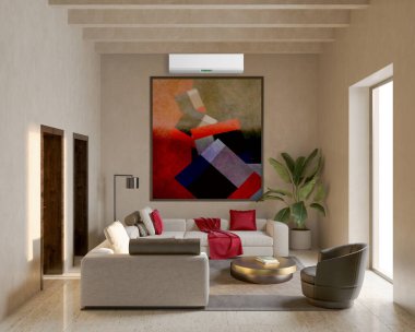 Büyük lüks, modern, aydınlık iç mekan. Klima modelleme çizimi 3D.