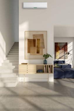 Büyük lüks, modern, aydınlık iç mekan. Klima modelleme çizimi 3D.