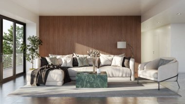 Büyük lüks, modern, parlak iç mekan. Oturma odası tasviri 3D canlandırma.