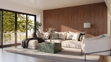 Büyük lüks, modern, parlak iç mekan. Oturma odası tasviri 3D canlandırma.