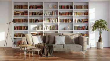 Büyük lüks, modern, parlak iç mekan. Oturma odası tasviri 3D canlandırma.