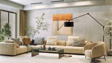 Büyük lüks, modern, parlak iç mekan. Oturma odası tasviri 3D canlandırma.