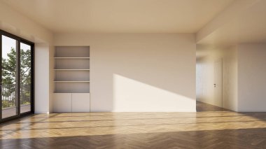 Büyük lüks, modern, parlak iç mekan. Oturma odası tasviri 3D canlandırma.