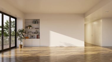 Büyük lüks, modern, parlak iç mekan. Oturma odası tasviri 3D canlandırma.