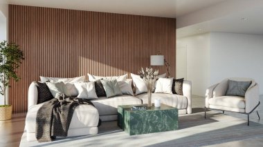 Büyük lüks, modern, parlak iç mekan. Oturma odası tasviri 3D canlandırma.