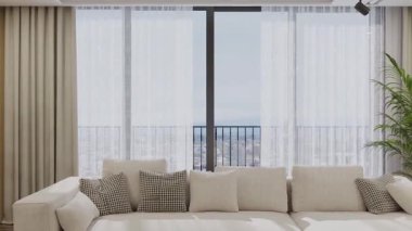 Minimalist mobilyalar, yumuşak doğal ışıklandırma, zarif mimari ayrıntılar, şık ev dekorasyonu unsurları, rahat dokular ve çağdaş yaşam tarzı için açık alan düzeni içeren parlak ve ferah bir oturma odası içeren yüksek kaliteli bir modern iç mekan videosu.